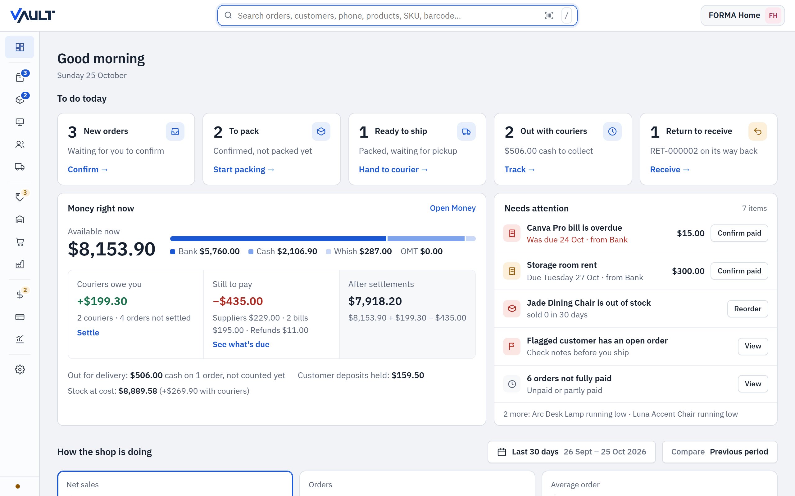 Vault's Dashboard, light theme, sidebar hidden