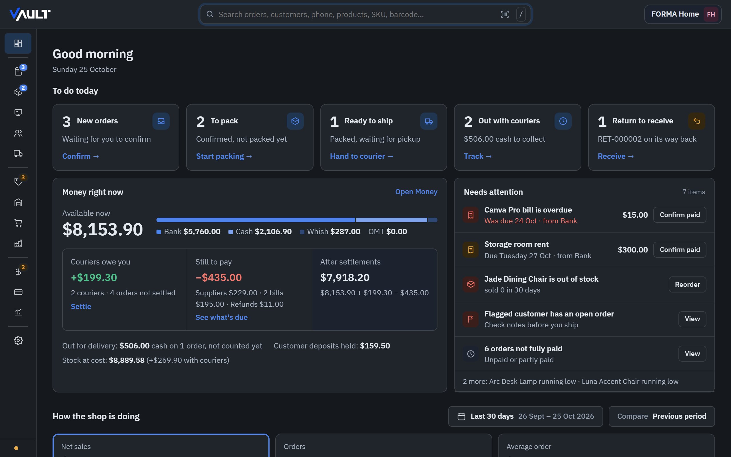 Vault's Dashboard, dark theme, sidebar hidden