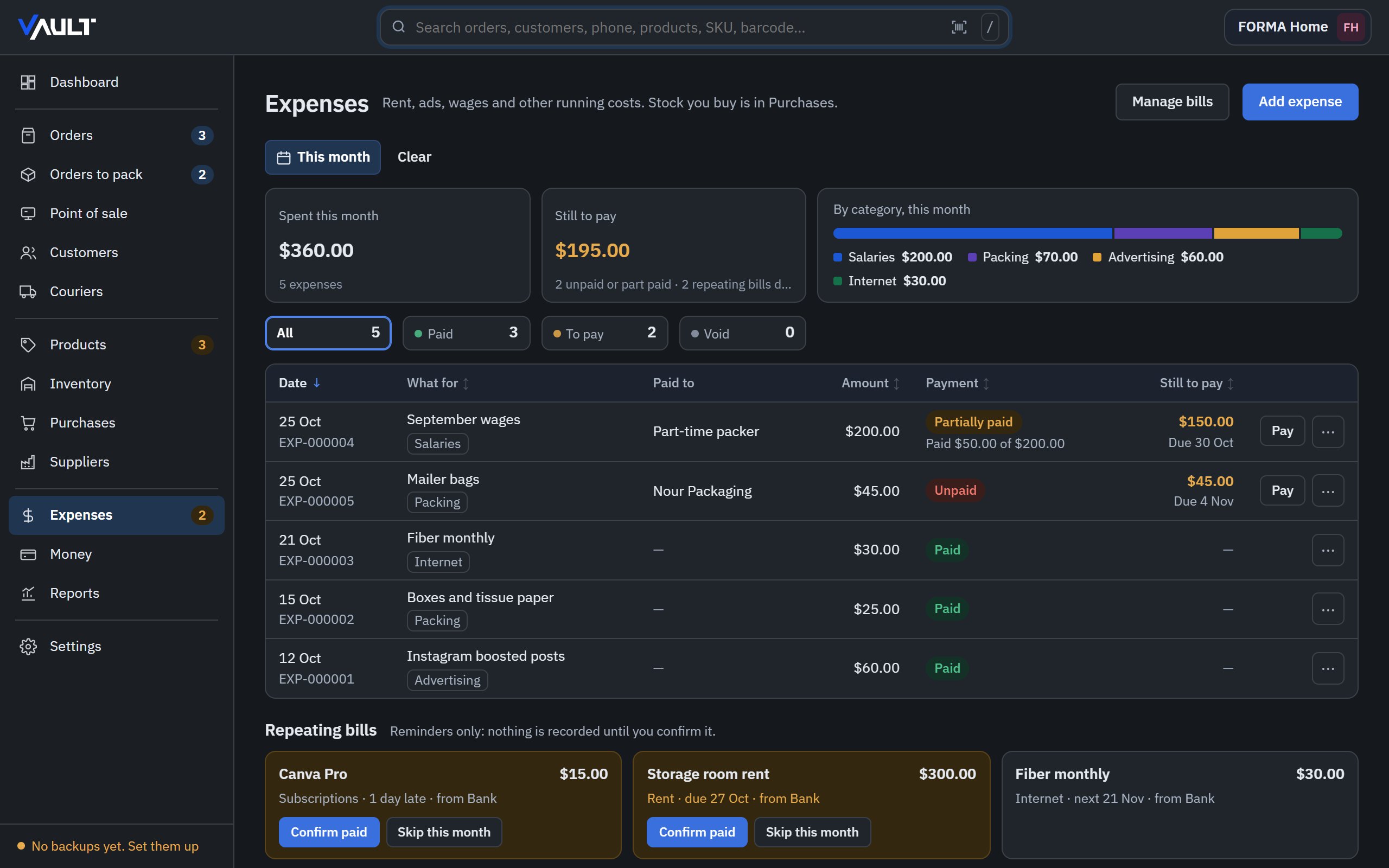 Vault's Expenses page with bills to pay and monthly costs