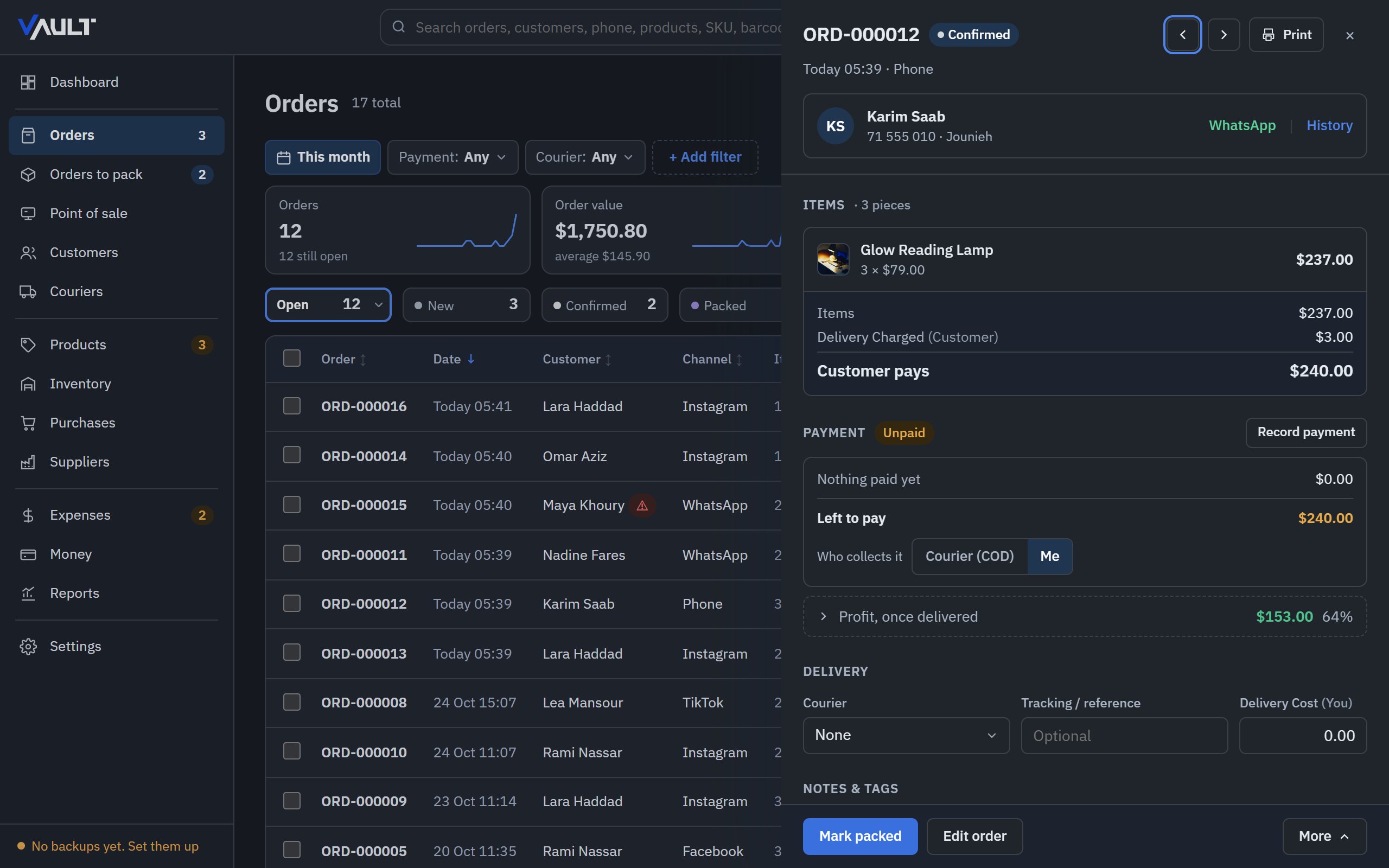Vault's Orders page with an order open on the side